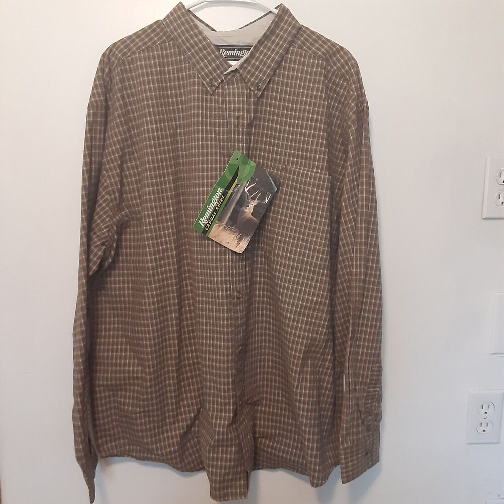 Vtg Remington Button Up Shirt Mens 2XL Green Pockets Long Sleeve Plaid Hunting